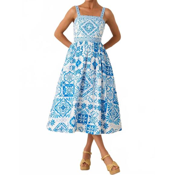NEW PROSPERINA lydia midi dress in aegean blue tile print